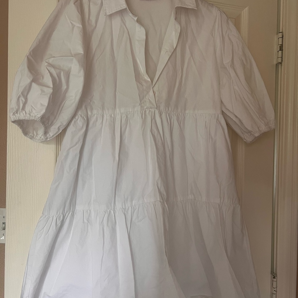 Olivaceous White Dress with Puff Sleeves
